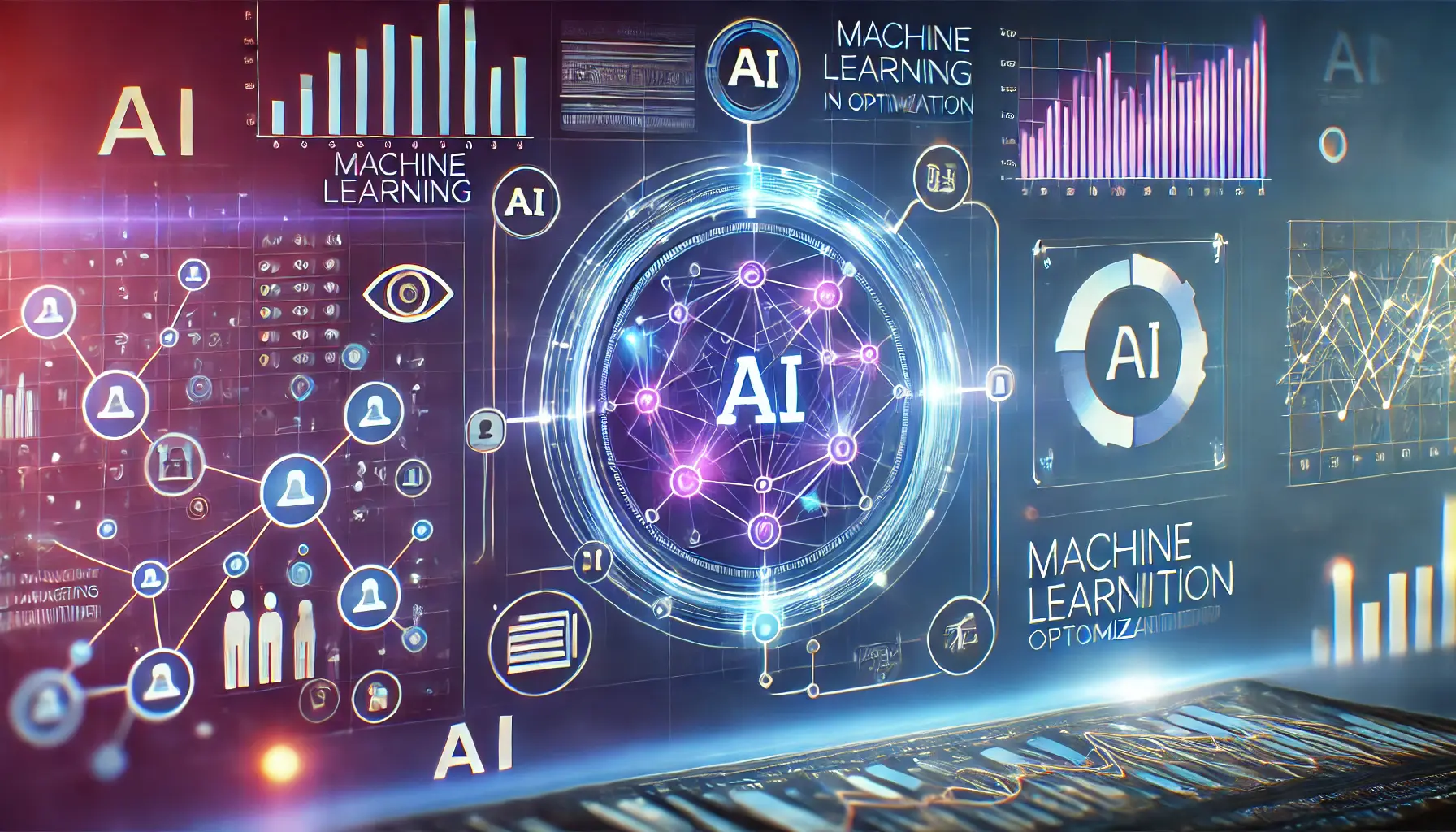 Digital network illustrating machine learning for ad optimization with connected data points and analytics dashboard.