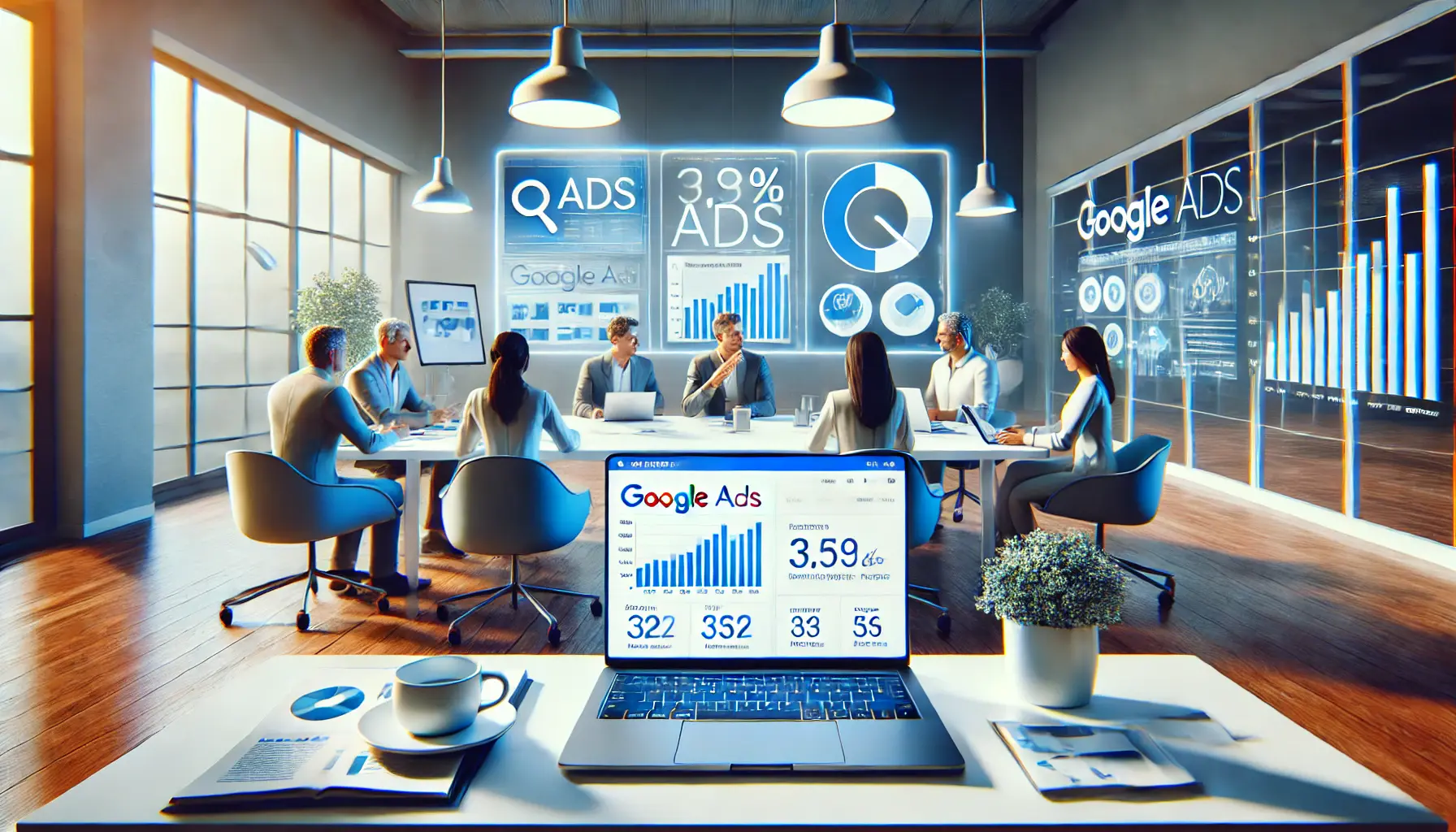 A modern digital marketing workspace showcasing a Google Ads dashboard on a laptop, with team collaboration and analytics in the background.