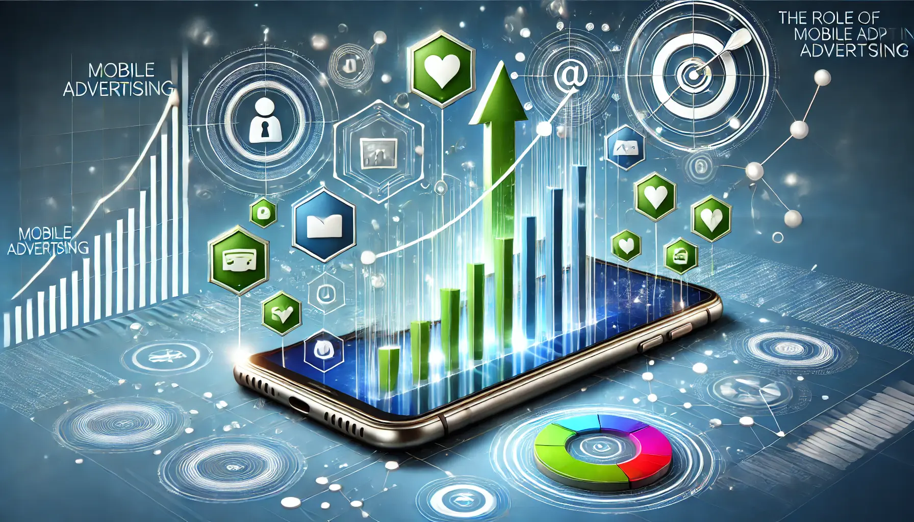 A dynamic digital scene featuring a smartphone, emerging app icons, and upward growth charts, symbolizing mobile advertising's role in app growth.