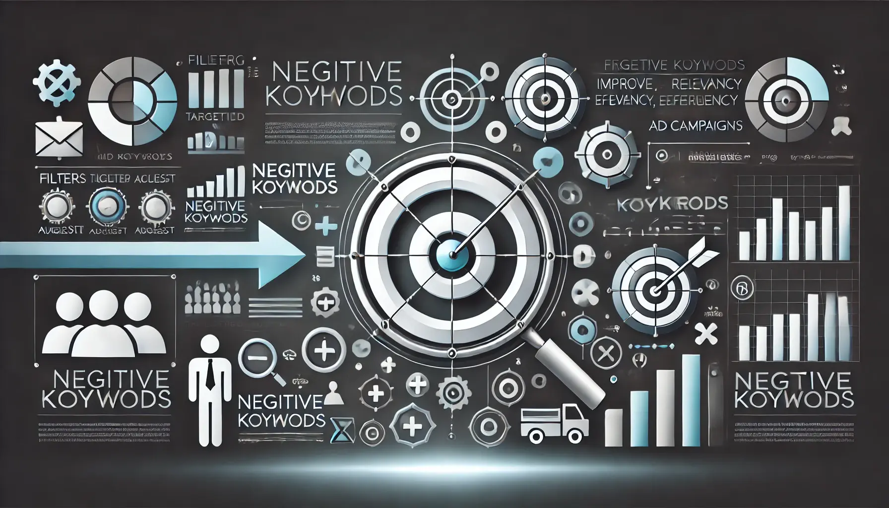 Abstract representation of the role of negative keywords in campaign success, featuring filters, targeted audience icons, and graphs.