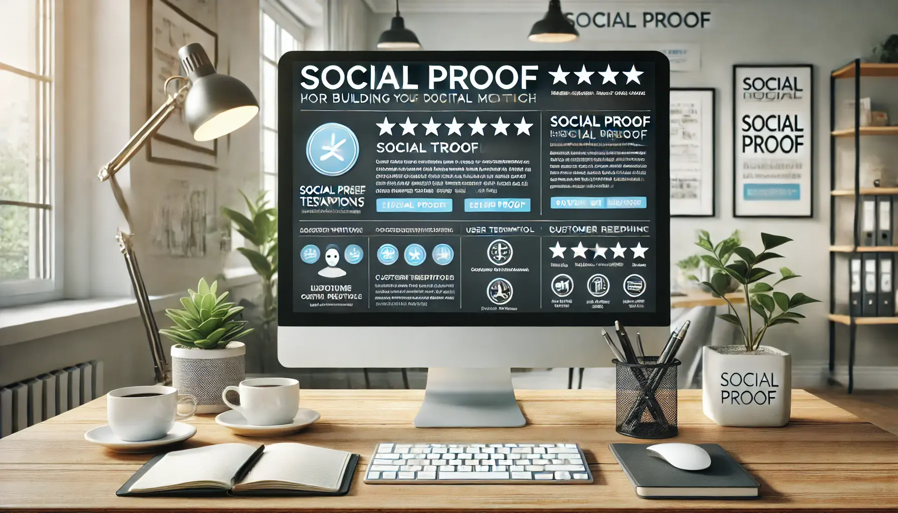 A workspace featuring a computer screen displaying a landing page with social proof elements like customer testimonials, reviews, and trusted brand logos.