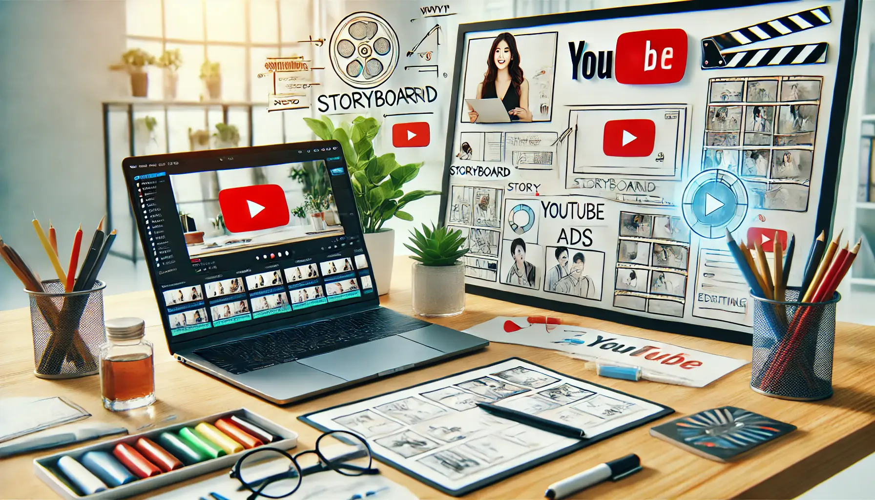 A creative workspace featuring a storyboard, laptop with video editing software, and tools like markers and digital tablets, illustrating the role of storyboarding in planning YouTube ads.