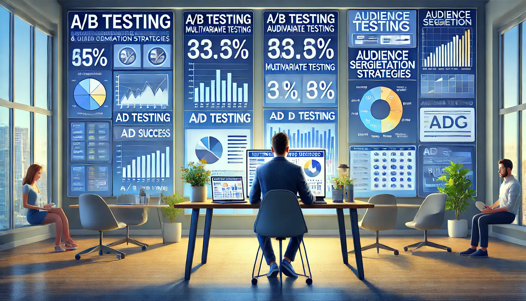 A digital marketer analyzing different ad testing methods like A/B testing, multivariate testing, and audience segmentation in a modern office.