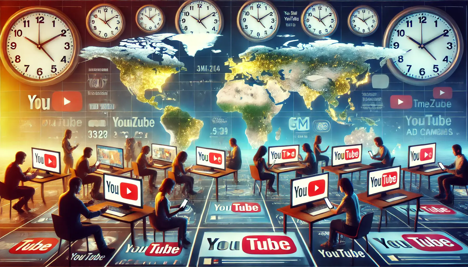 A world map highlighting time zones with people in different regions interacting with YouTube content on various digital devices.