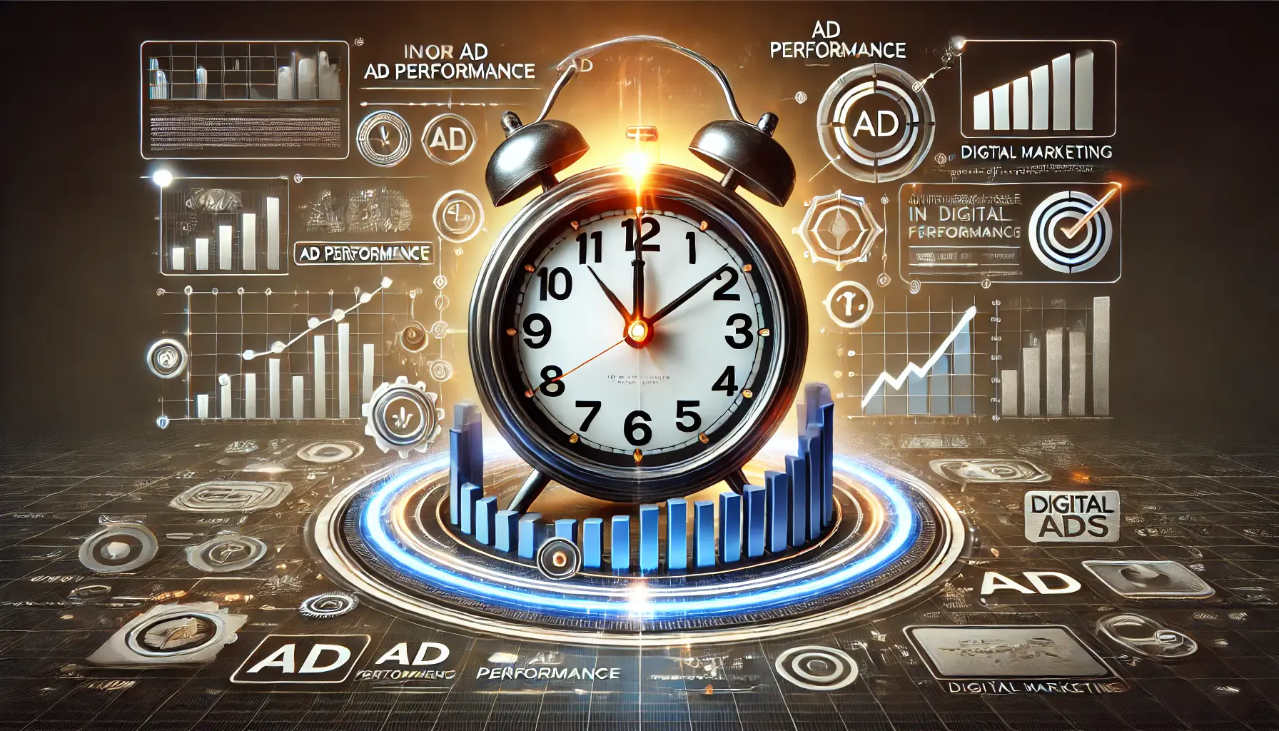 An image depicting a clock surrounded by dynamic digital ad elements such as graphs and icons, representing the strategic importance of timing in ad performance.