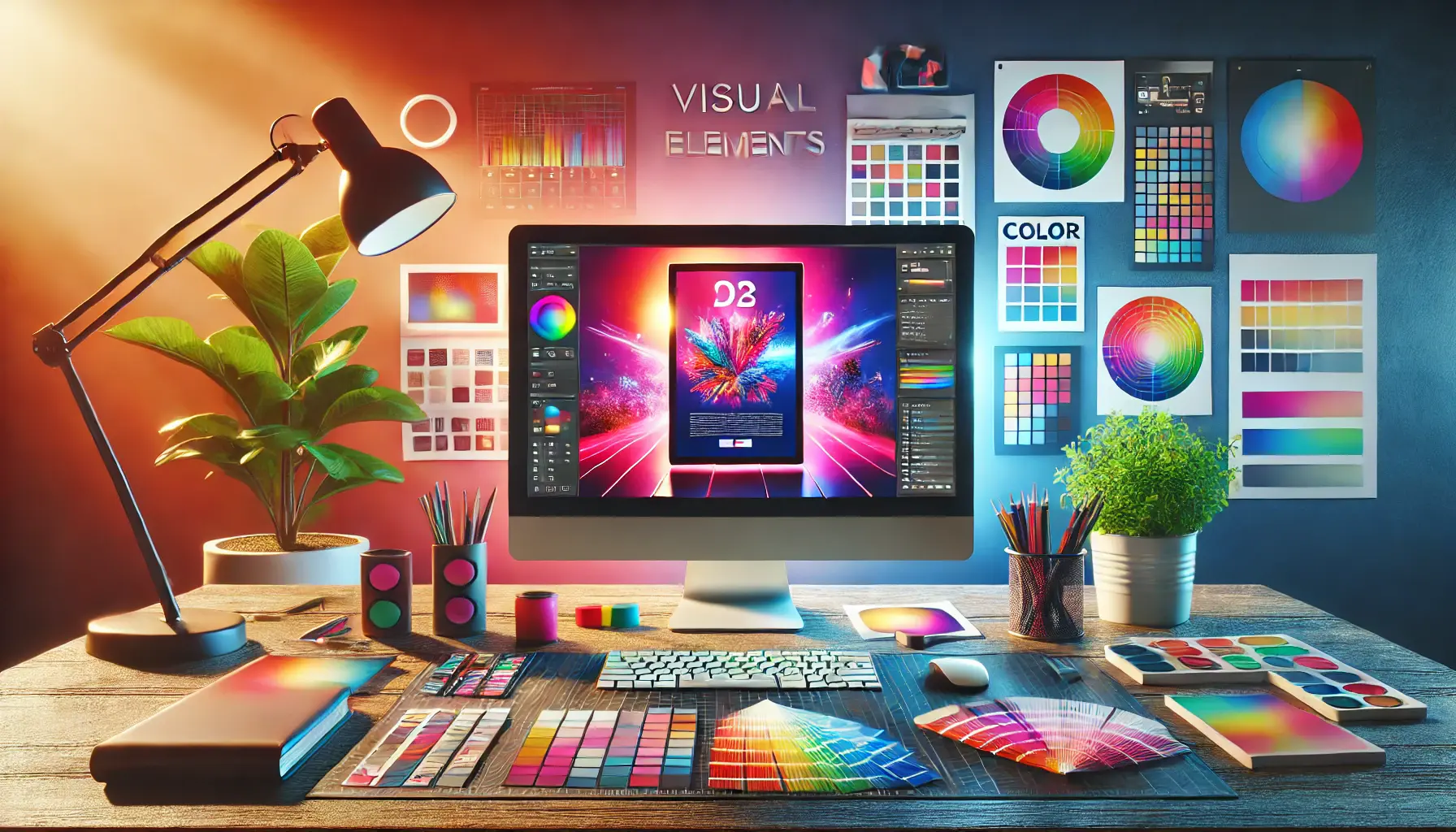 A modern workspace with a computer showcasing vibrant ad designs, surrounded by design tools and color swatches.