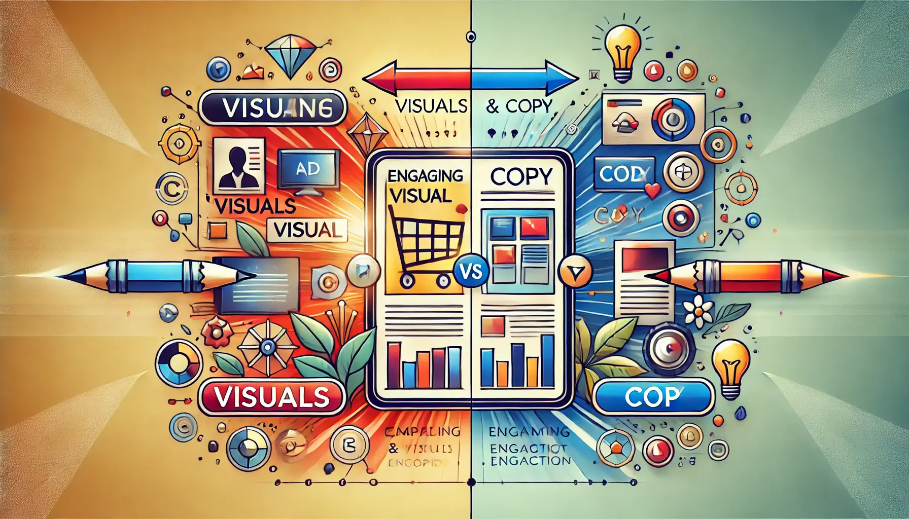 Illustration showing the role of visuals and copy in digital ad engagement with a split-screen design.