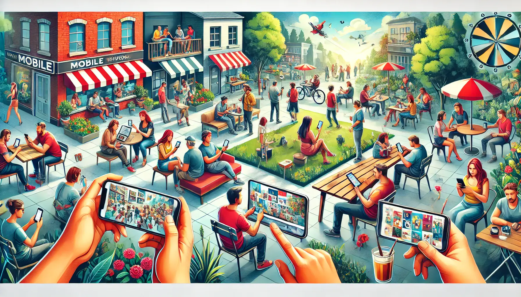 An image showcasing people using smartphones in different settings like a coffee shop, park, and home, emphasizing the trend of mobile video consumption.