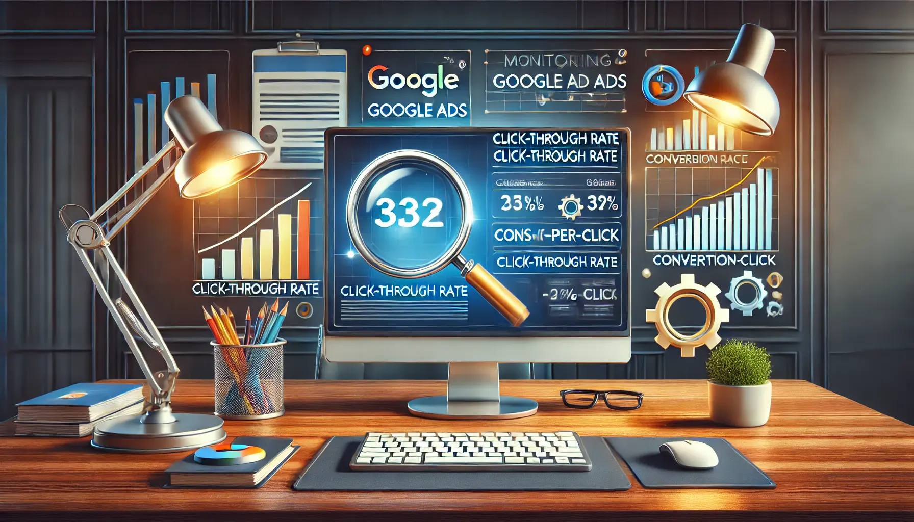 A workspace with a desktop displaying analytics dashboards with key metrics such as click-through rate, conversion rate, and cost-per-click.