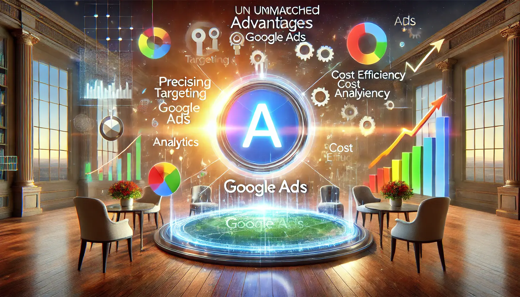 A glowing Google Ads interface surrounded by icons for targeting, analytics, cost efficiency, and platform integration, with charts and digital connections in the background.