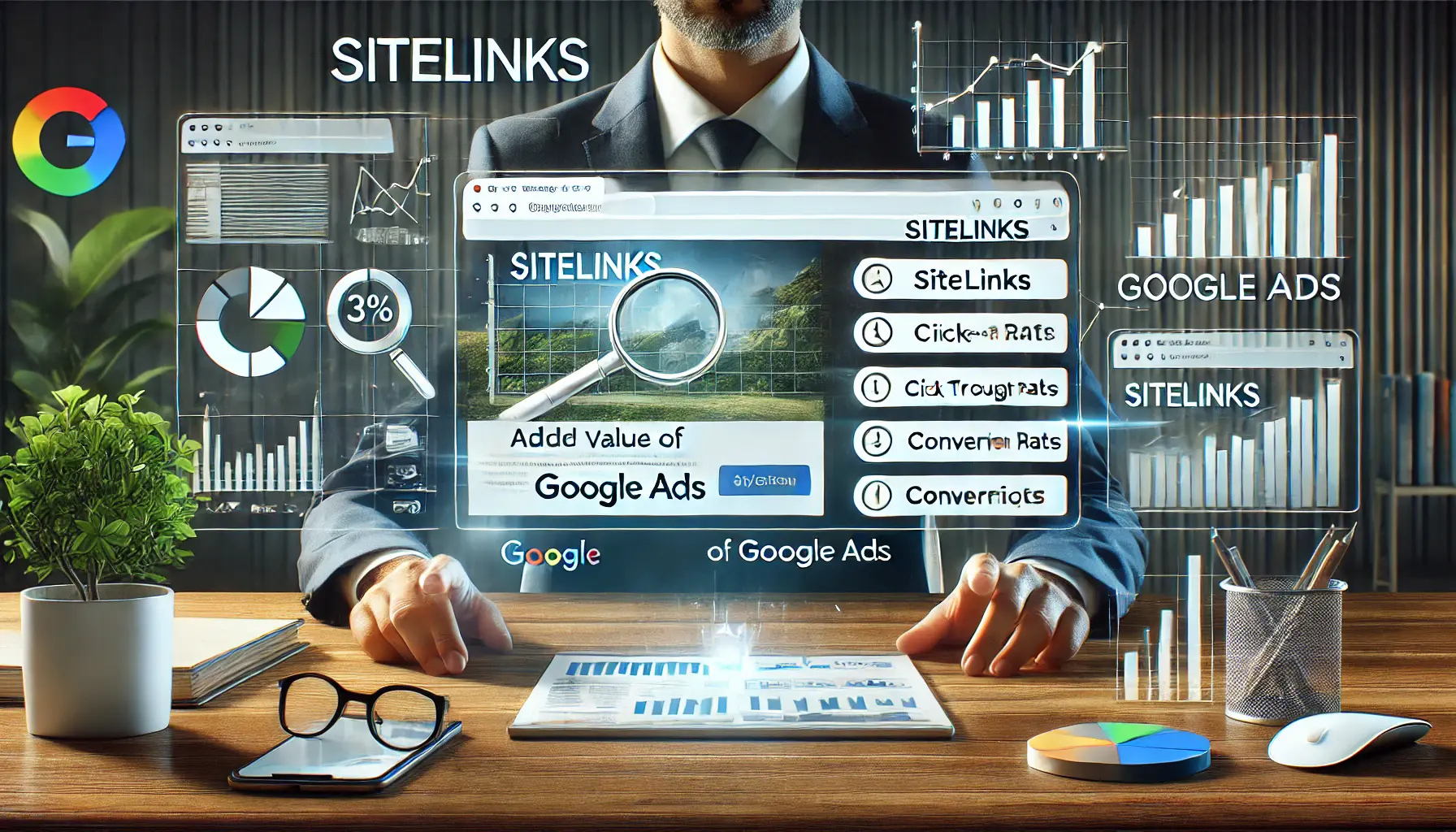 A Google Ads dashboard showing sitelinks below the main ad, with performance metrics like click-through rates and conversion rates.