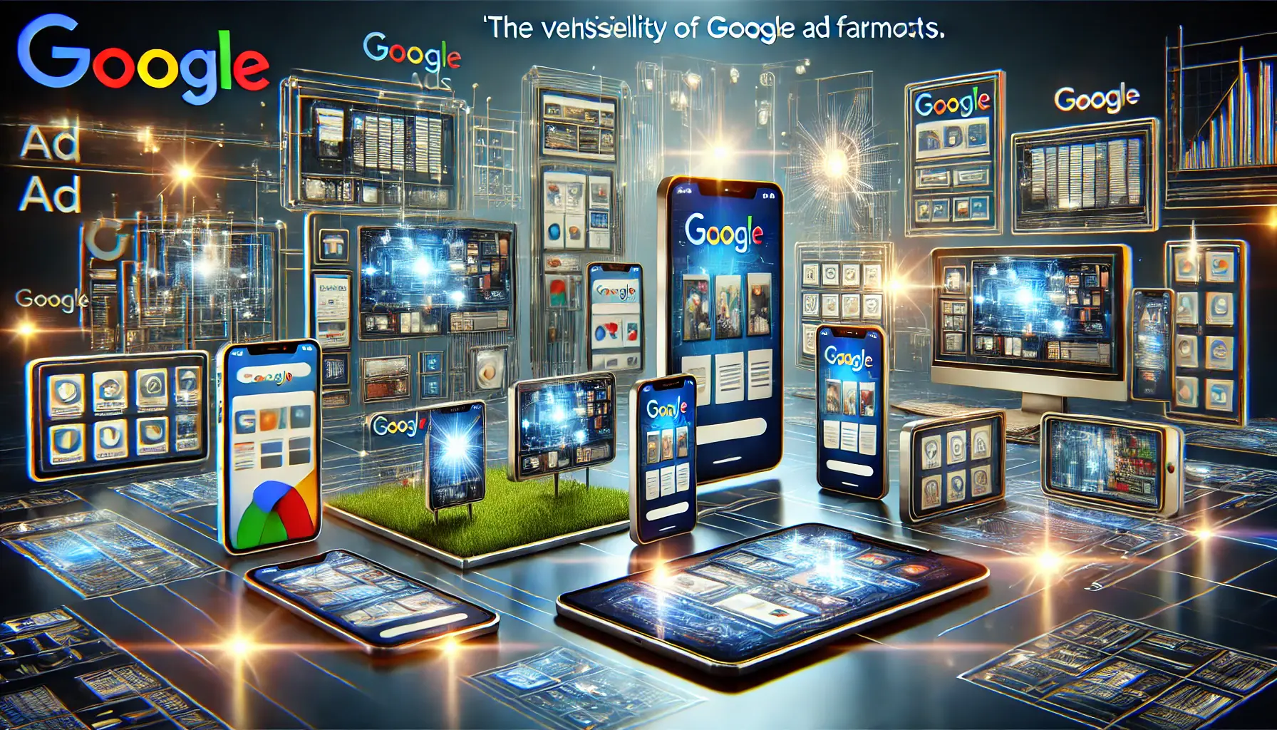 Various Google ad formats like display, video, and interactive ads displayed across multiple devices.