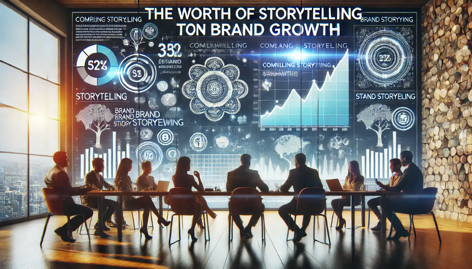 A marketing team analyzing data and discussing the impact of storytelling on brand growth, with digital screens showing graphs and charts.