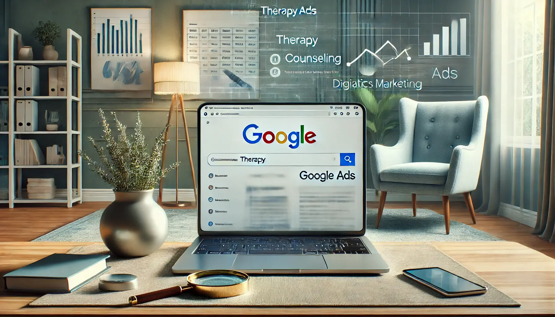 A clean and modern image showcasing a therapy office setting combined with digital marketing tools, representing Google Ads for therapists.