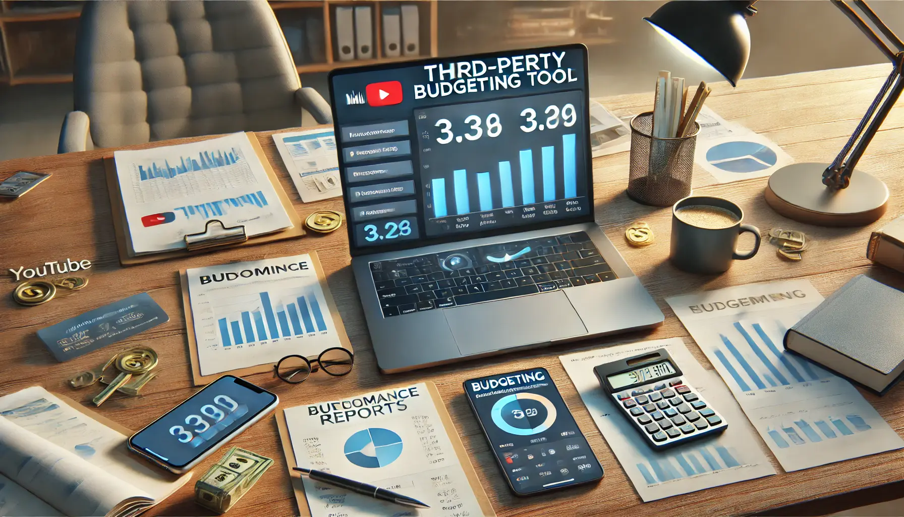 A workspace with a laptop displaying a third-party budgeting tool for YouTube ad campaigns, along with financial documents, a smartphone showing analytics, a calculator, and a cup of coffee.