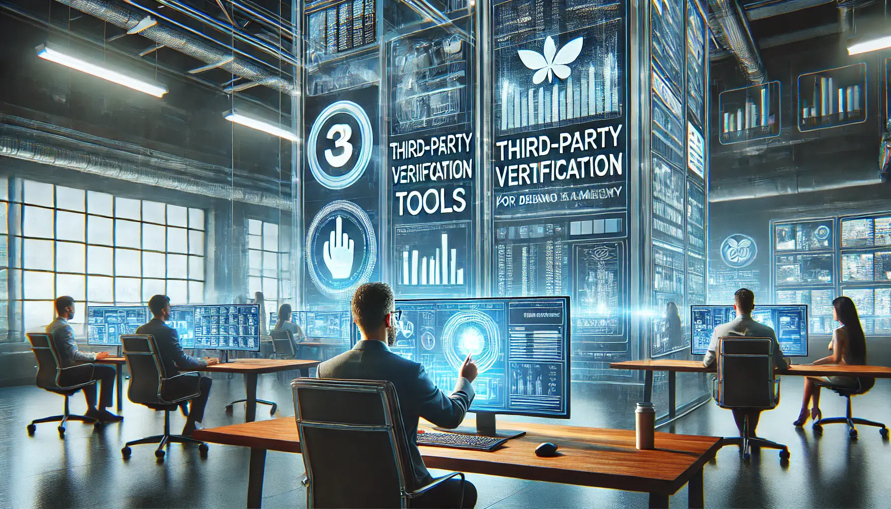 A team of digital marketers reviewing third-party verification tools and performance metrics to ensure brand safety in a modern office setting.