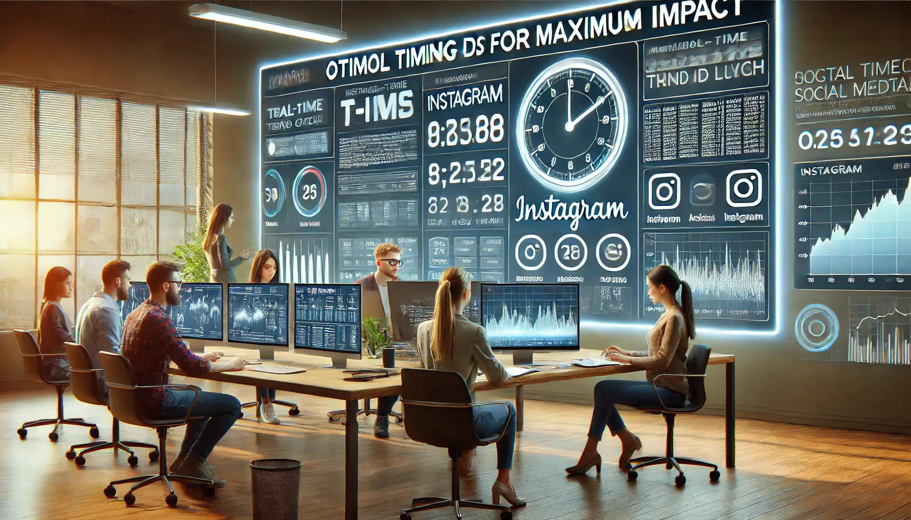 A digital marketing team analyzing data to time their Instagram ads for maximum impact, using large screens showing real-time trend cycles and analytics.