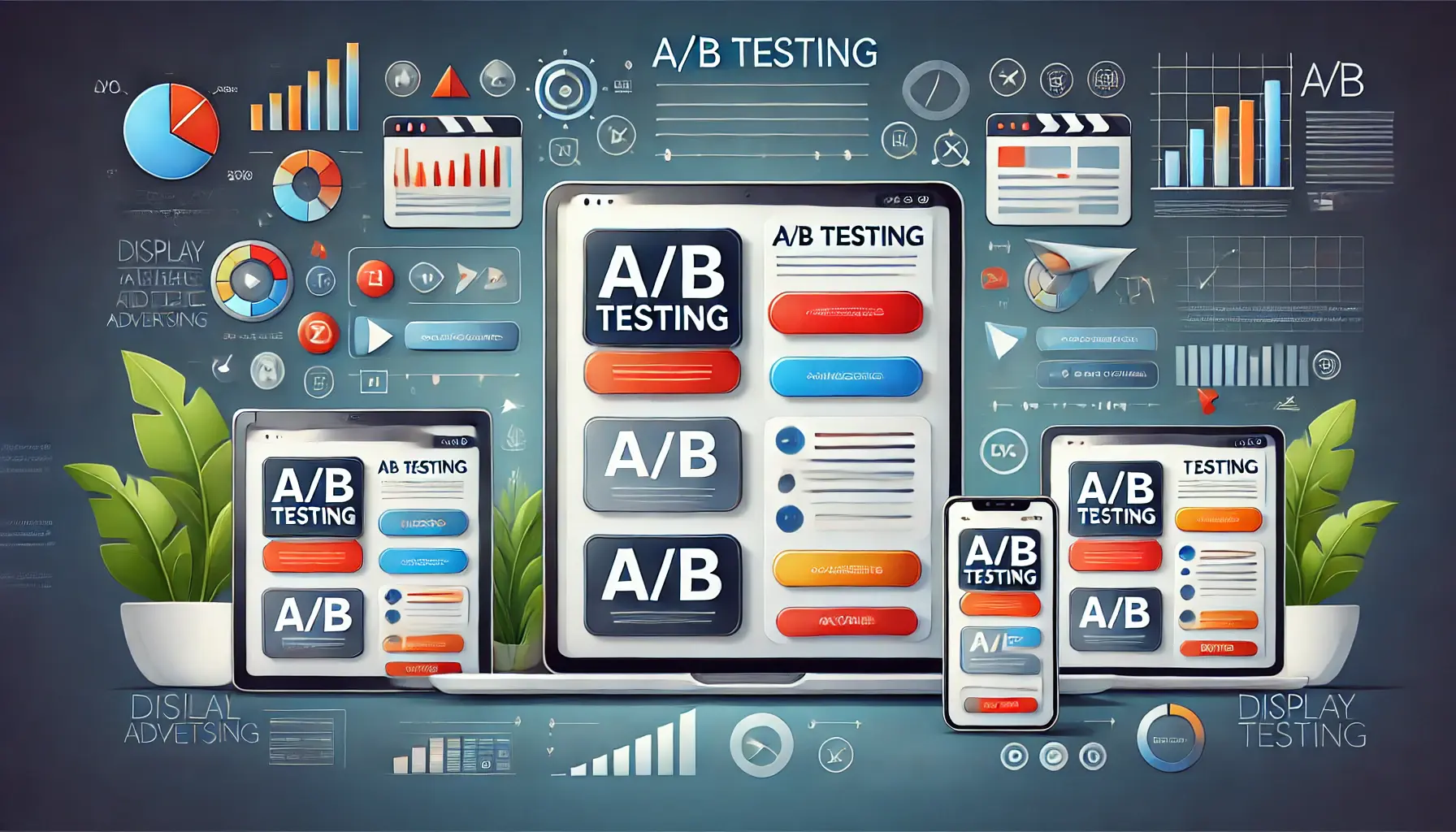 Illustration showcasing A/B testing of display ads with variations on digital devices.