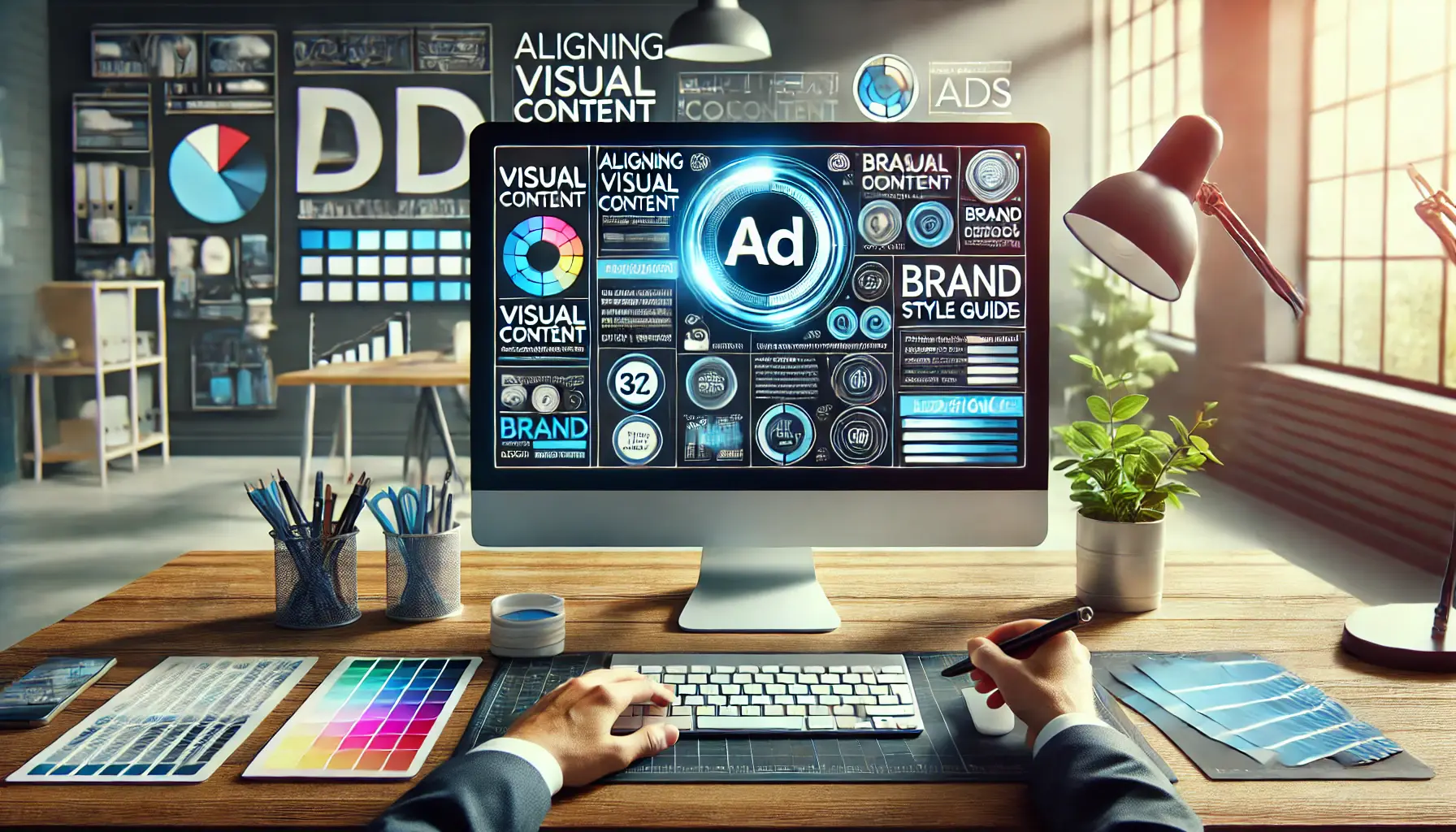 A designer's workspace showing ad design aligned with brand color scheme, logo, and visual elements, with design tools.