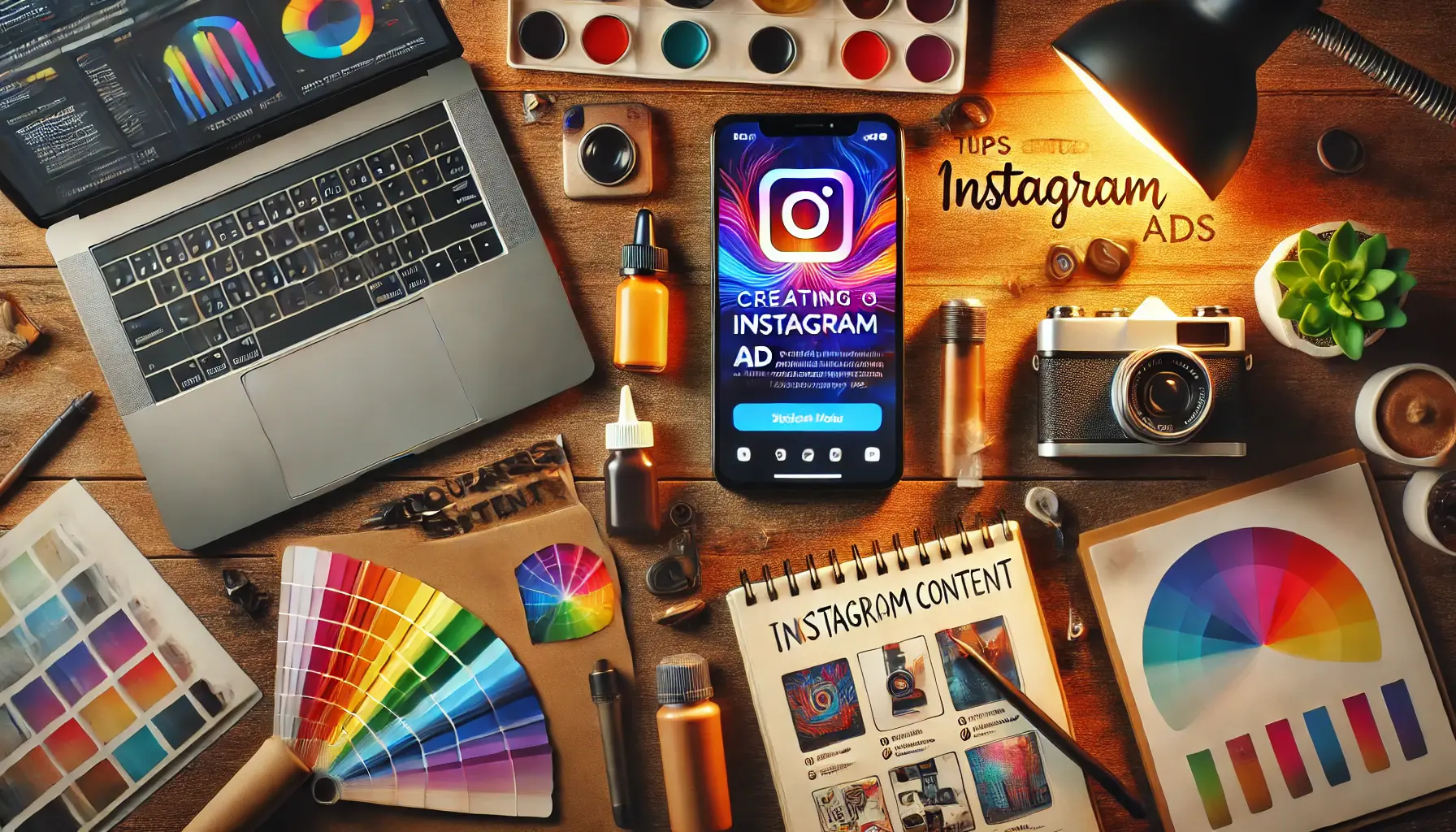 A smartphone displaying a vibrant Instagram ad surrounded by creative tools like a color palette, sketchpad, camera, and a laptop with analytics in a modern workspace.