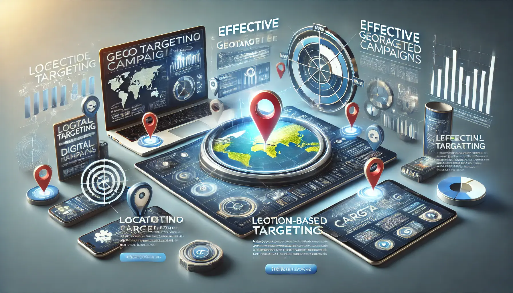 Illustration of effective geotargeted campaigns with map-based targeting and devices showing location-based data.