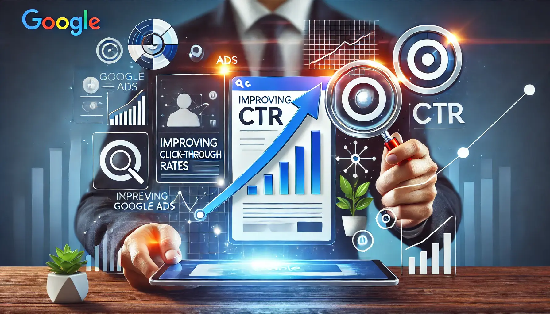 An illustration representing the process of improving click-through rates (CTR), featuring a digital ad with an upward arrow, magnifying glass, target symbol, and an expanding graph.