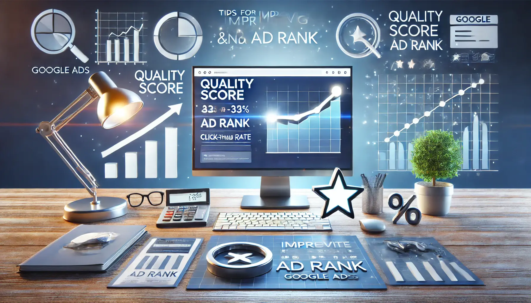 A computer screen displaying Quality Score and Ad Rank metrics, surrounded by upward-trending graphs and a magnifying glass for analysis.