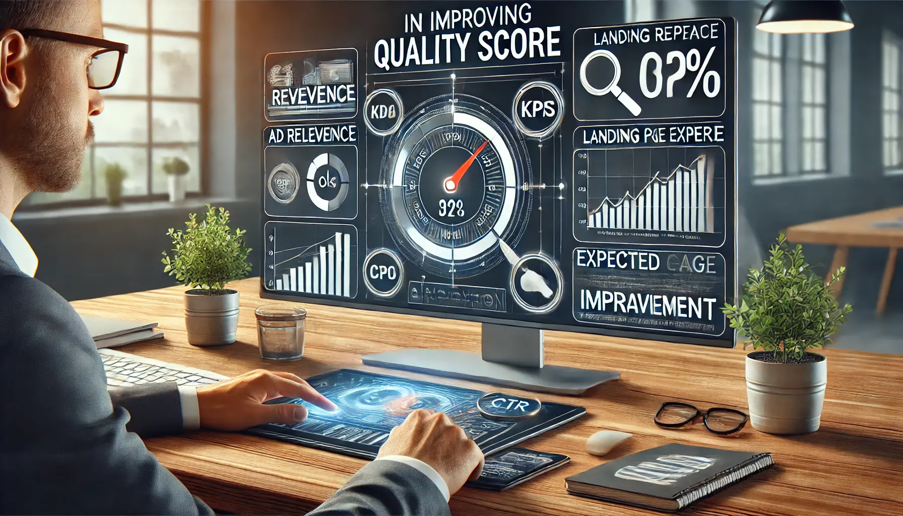 A marketer analyzing a digital dashboard displaying key performance indicators like ad relevance, landing page experience, and CTR to improve quality score.