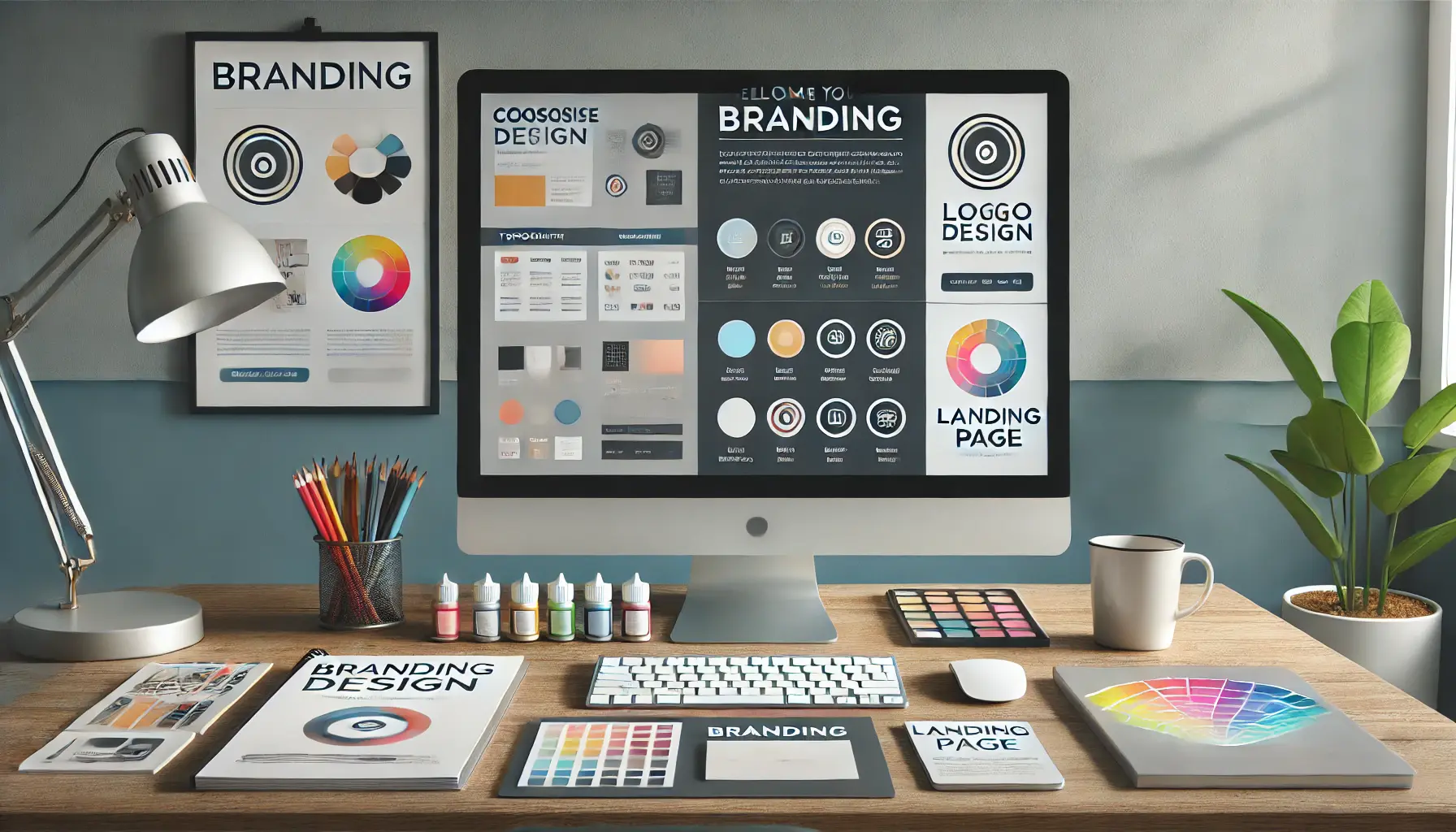 A modern workspace showcasing a branding process with a cohesive color palette, typography samples, and logo design displayed on a monitor.