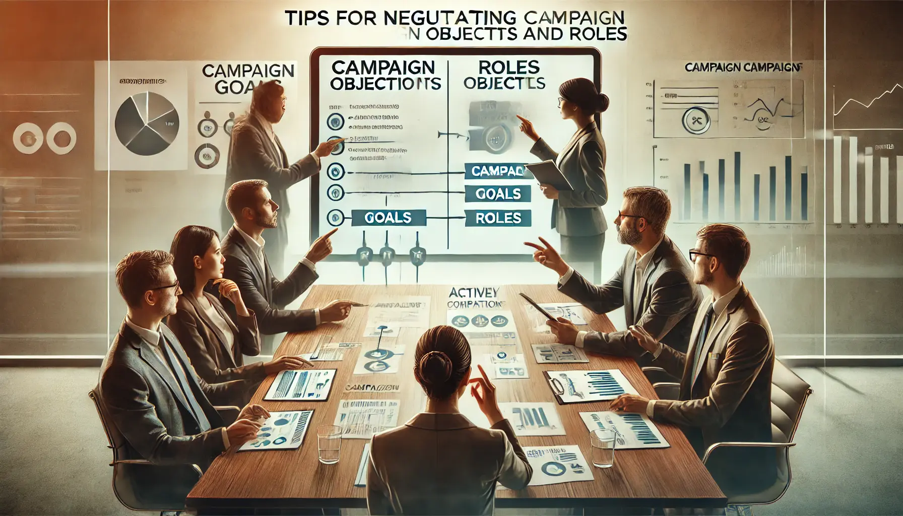 Image showing a meeting table with diverse individuals discussing and pointing at a digital chart displaying campaign objectives and roles.