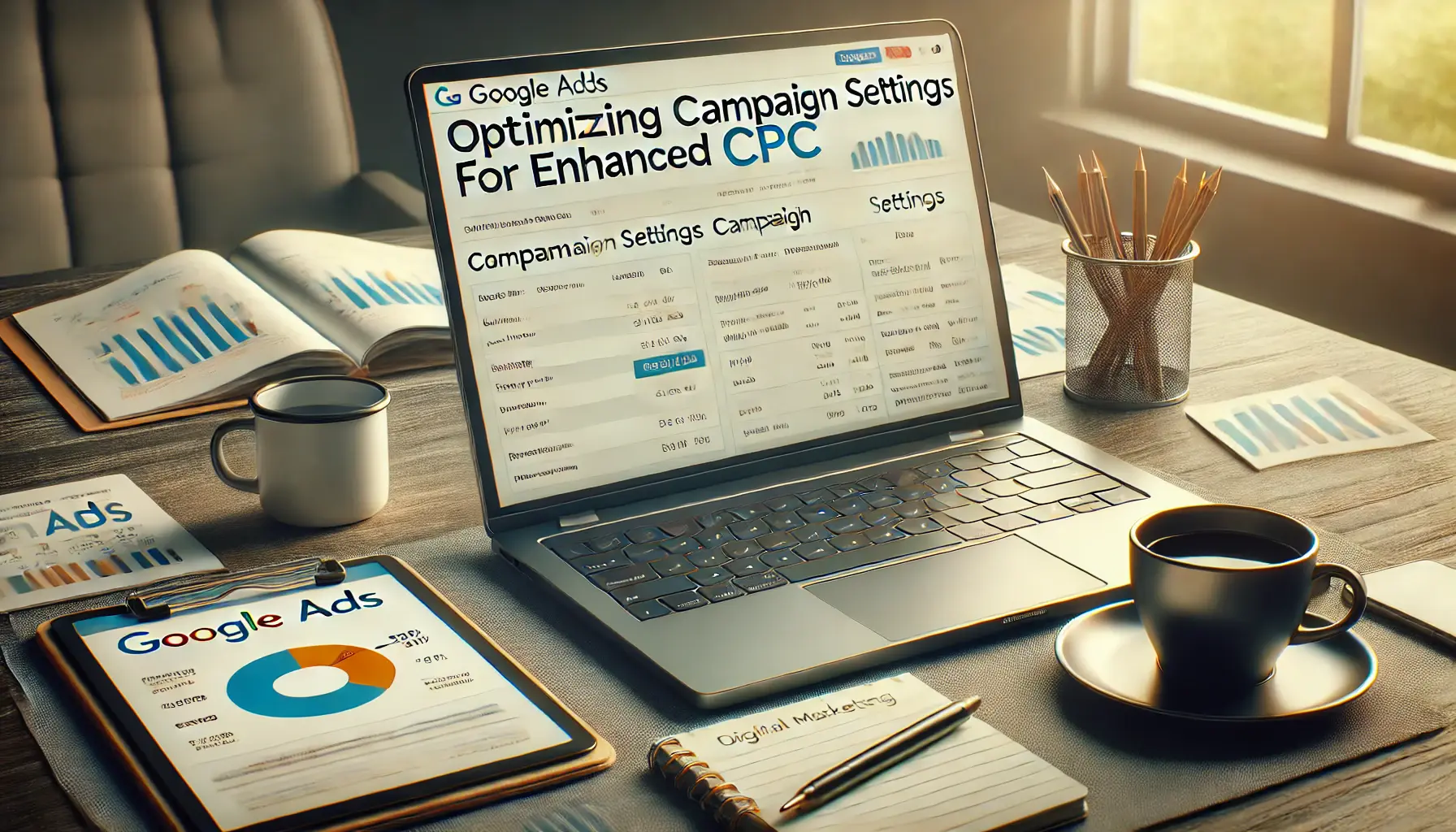 A digital marketing workspace showing a laptop with the Google Ads interface for campaign optimization, surrounded by a tablet, coffee cup, and a notepad with a checklist.