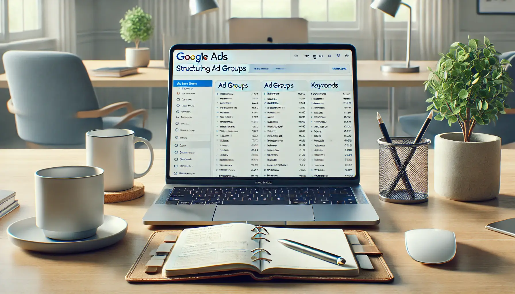 A laptop displaying the Google Ads interface for organizing ad groups and selecting keywords, set on a modern desk with a notebook, coffee mug, and smartphone.