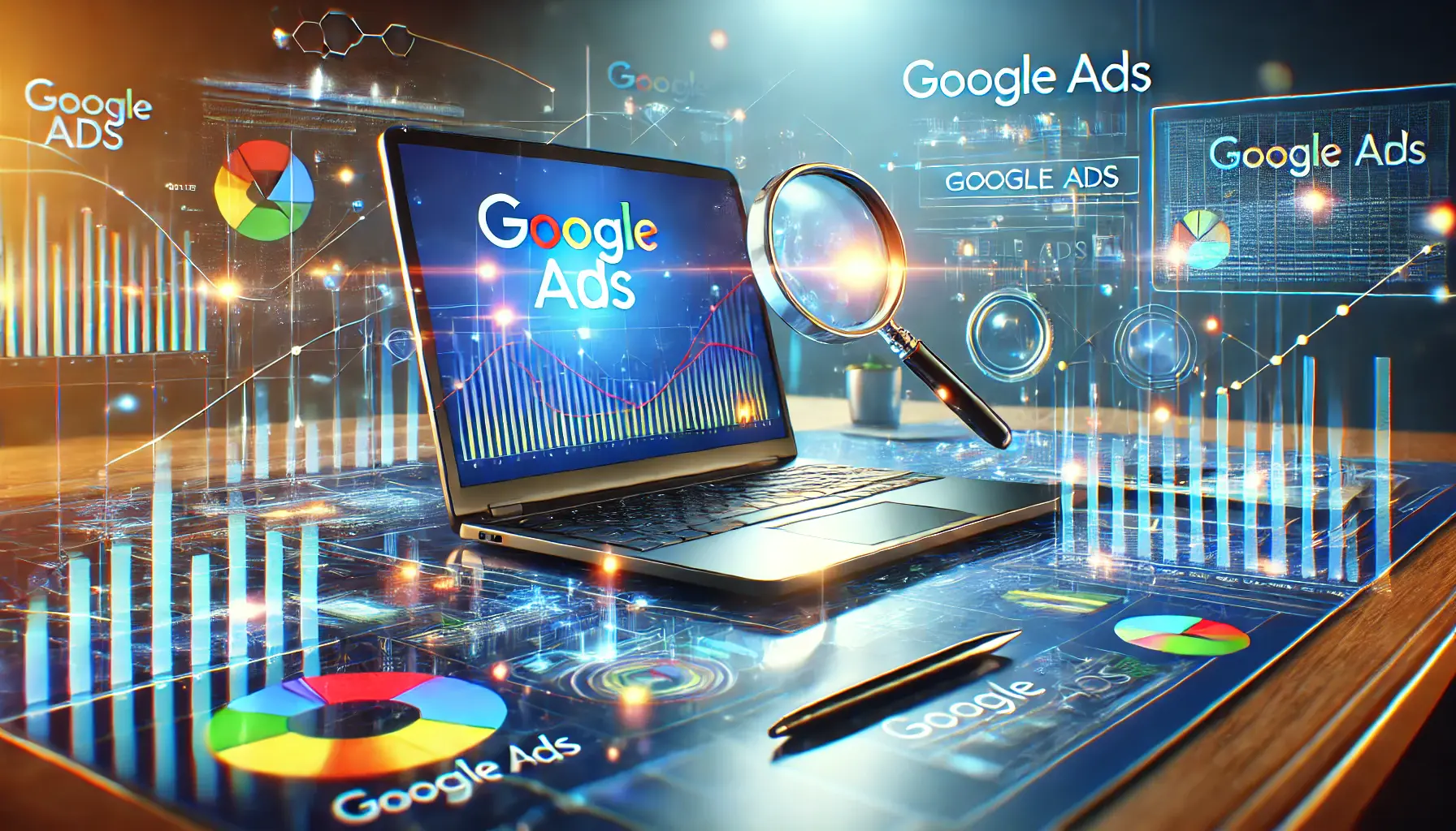 A laptop displaying Google Ads analytics and graphs, surrounded by dynamic digital marketing visuals like charts and a glowing digital interface.