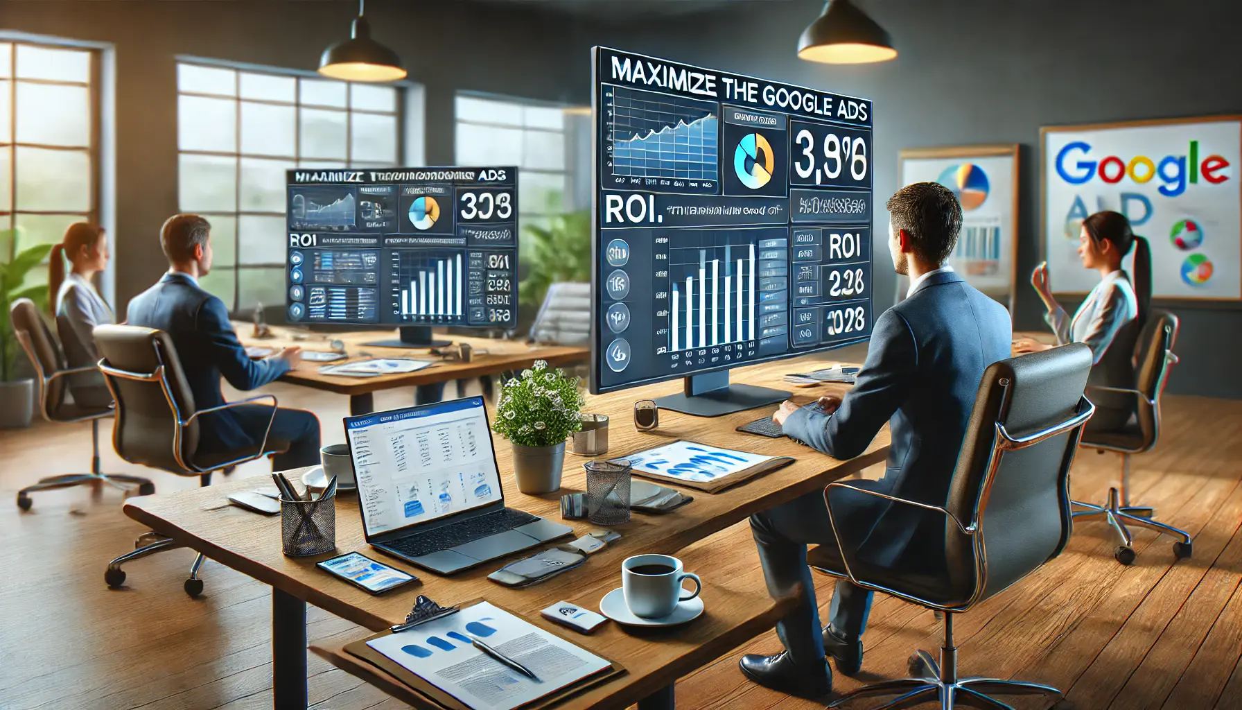 A digital marketer reviewing performance reports and making strategic decisions at a desk, with multiple screens displaying campaign data.