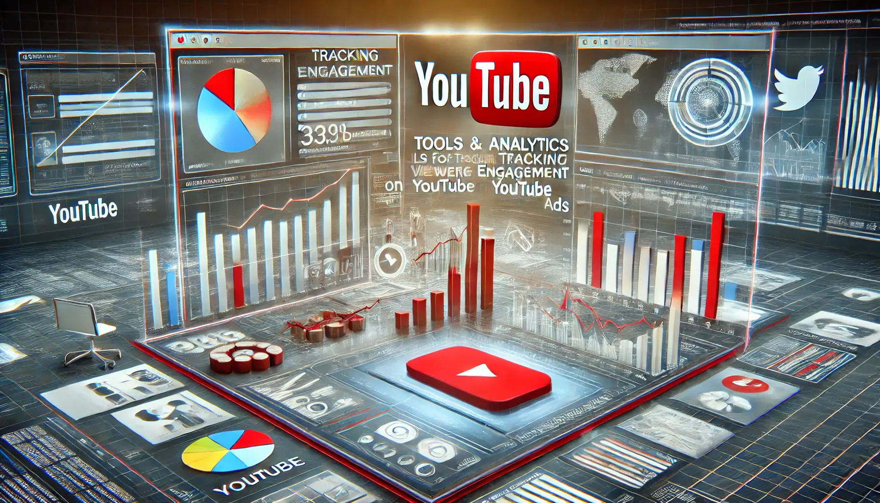 An illustration of a digital dashboard displaying analytics tools like graphs, pie charts, and heatmaps for tracking viewer engagement on YouTube Ads.