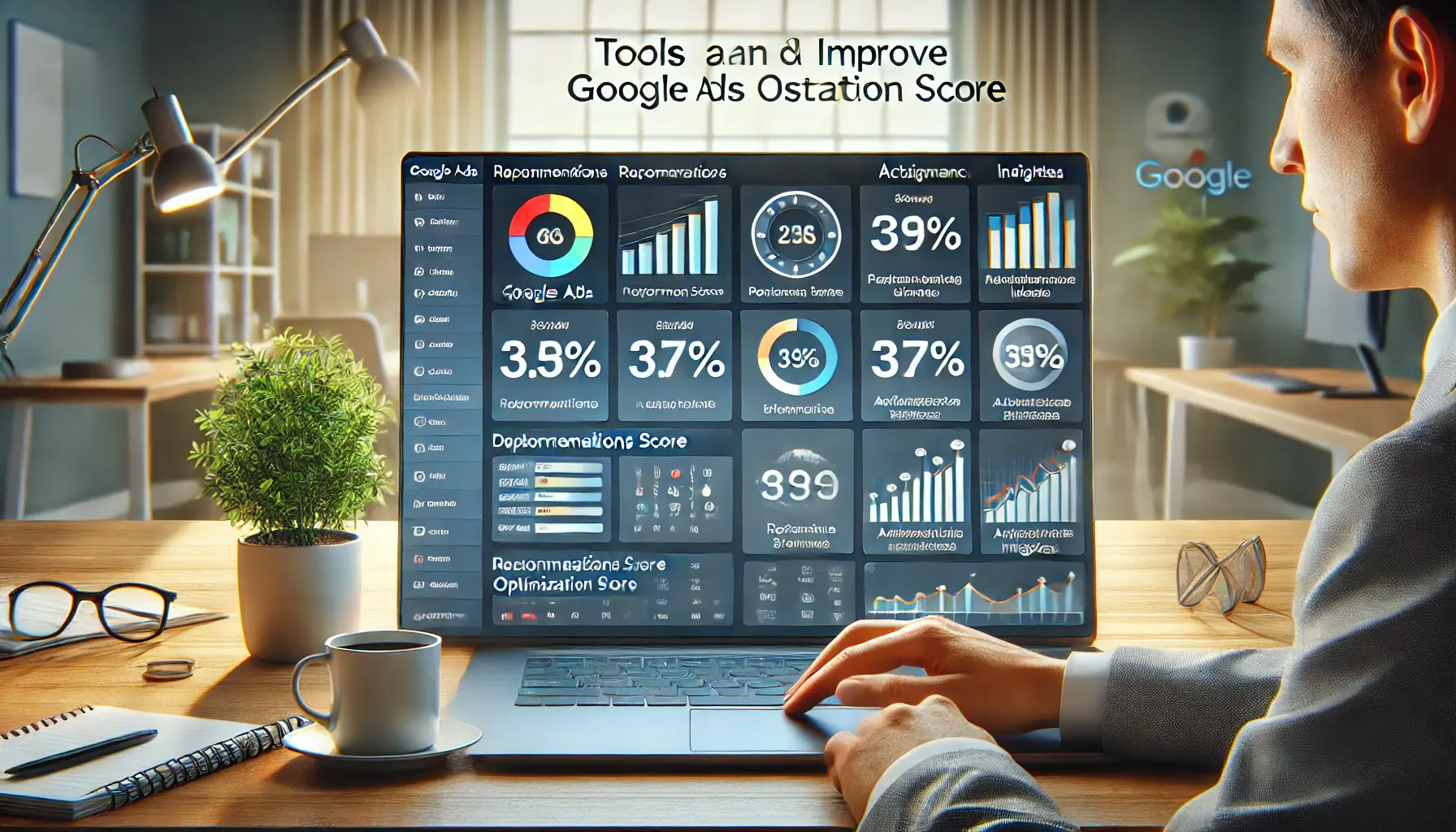 A business professional analyzing various Google Ads performance tools on a laptop screen, including performance graphs and actionable insights.