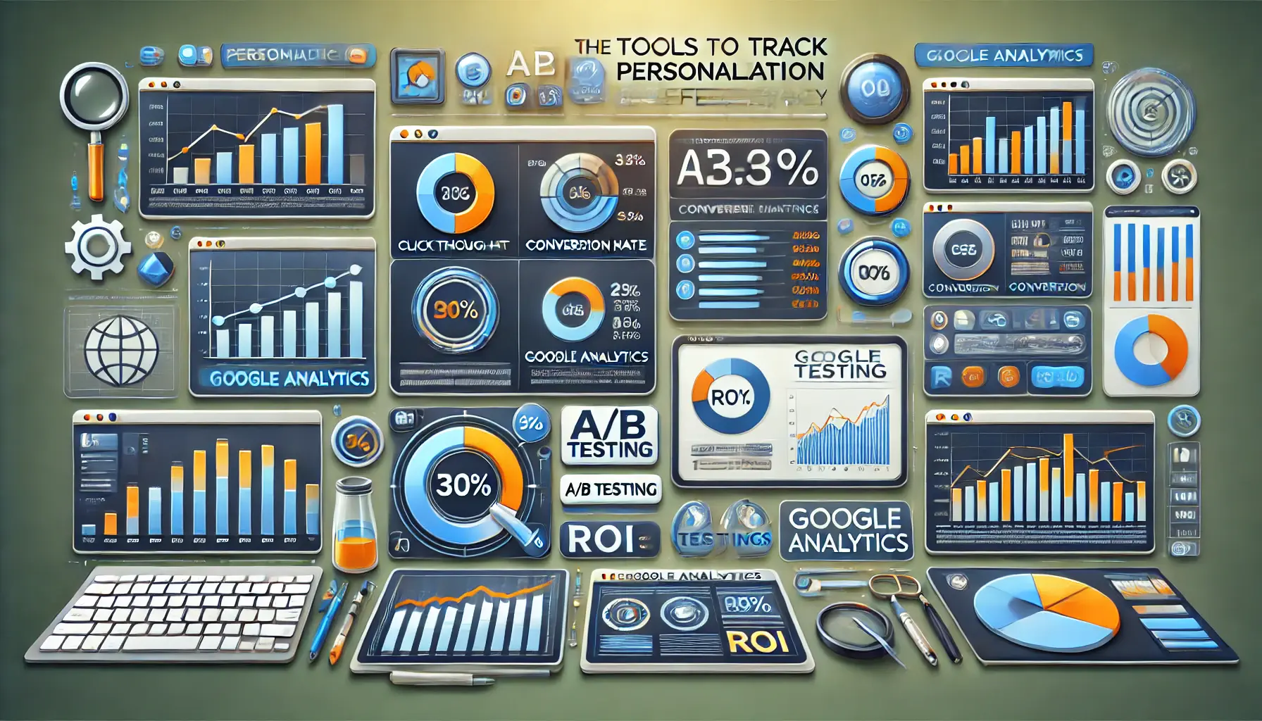 An image depicting the tools and metrics used for tracking the effectiveness of personalized advertising, including performance dashboards and A/B testing.