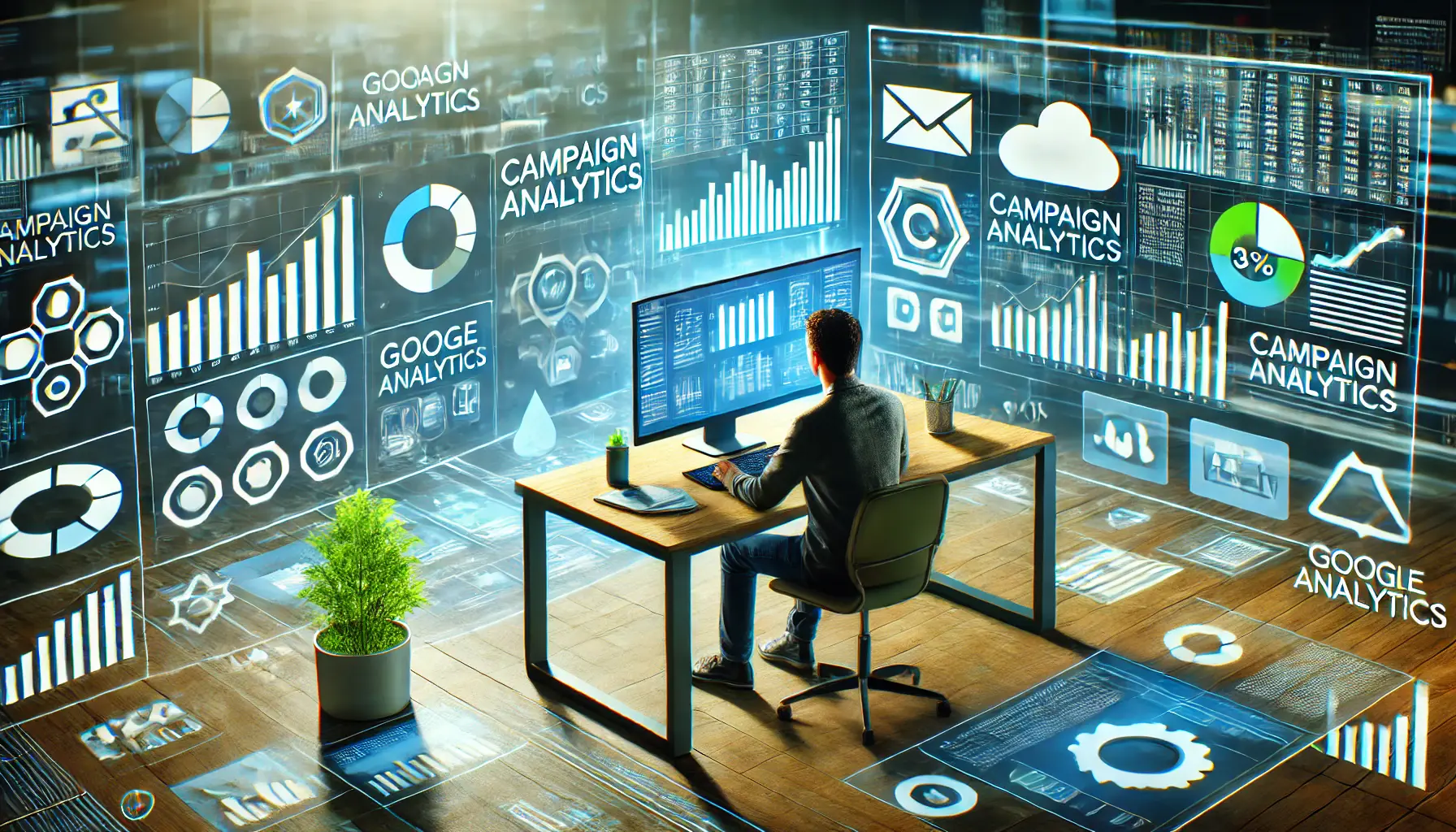 A digital workspace where a person is analyzing campaign data on a computer screen, with graphs, charts, and campaign tracking tools, surrounded by eco-friendly and tech symbols.