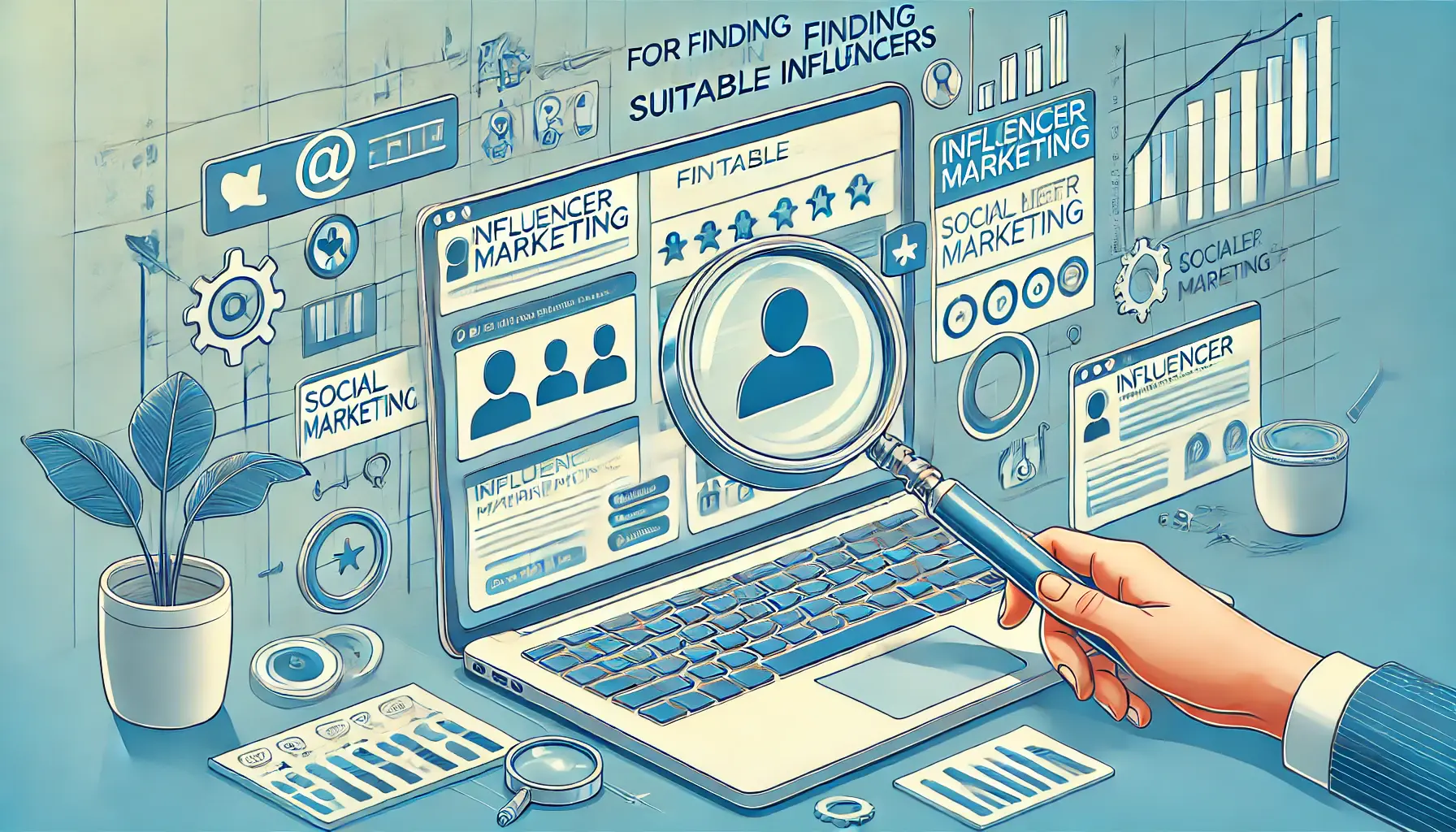 An illustration showing a laptop with multiple tabs open, showcasing influencer marketing platforms and social media monitoring tools, with icons like magnifying glasses and search bars around the screen.