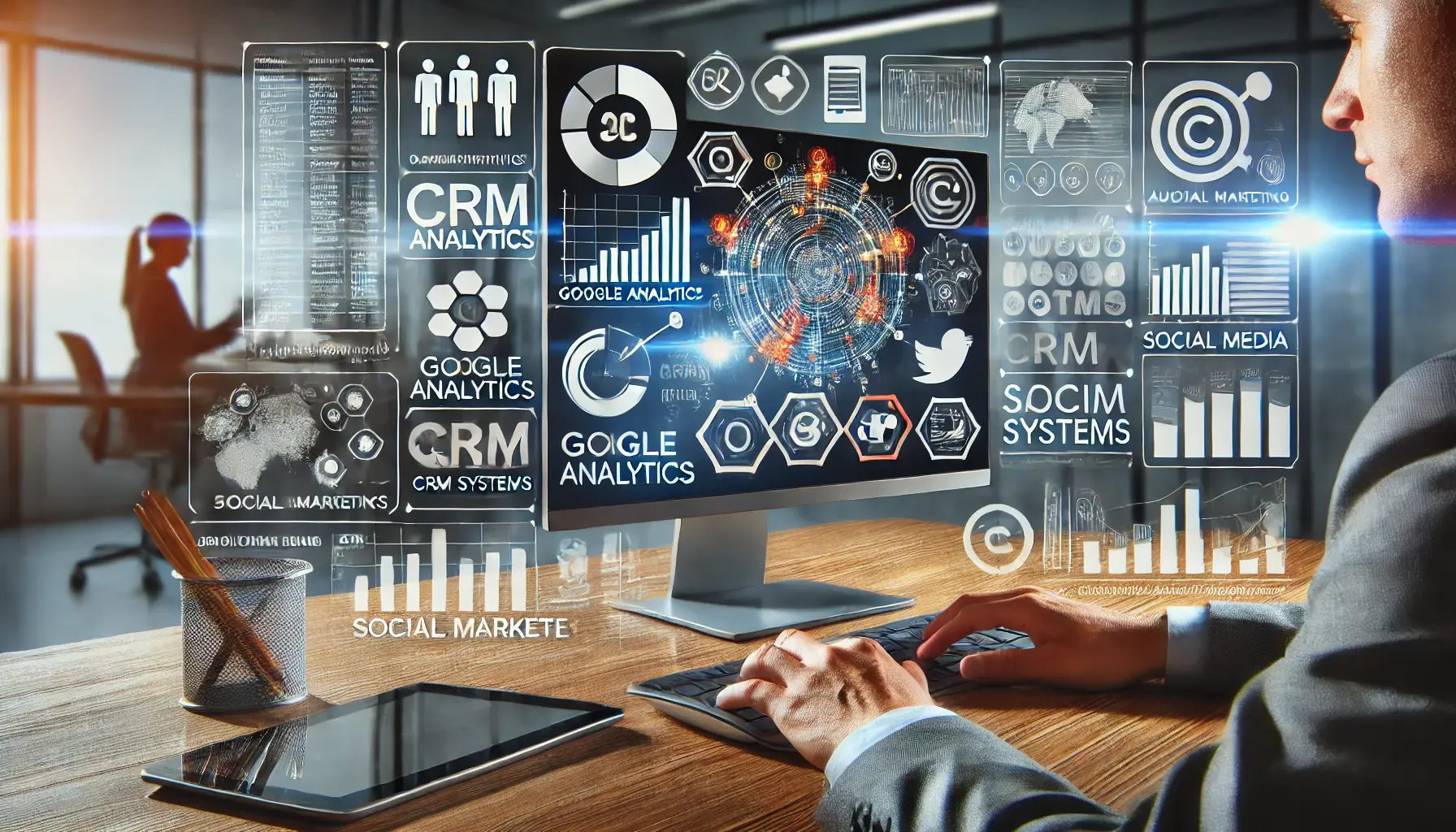 A digital marketer using multiple tools and platforms to gather audience insights, with a computer screen displaying analytics from Google Analytics, CRM systems, and social media platforms in a modern office.