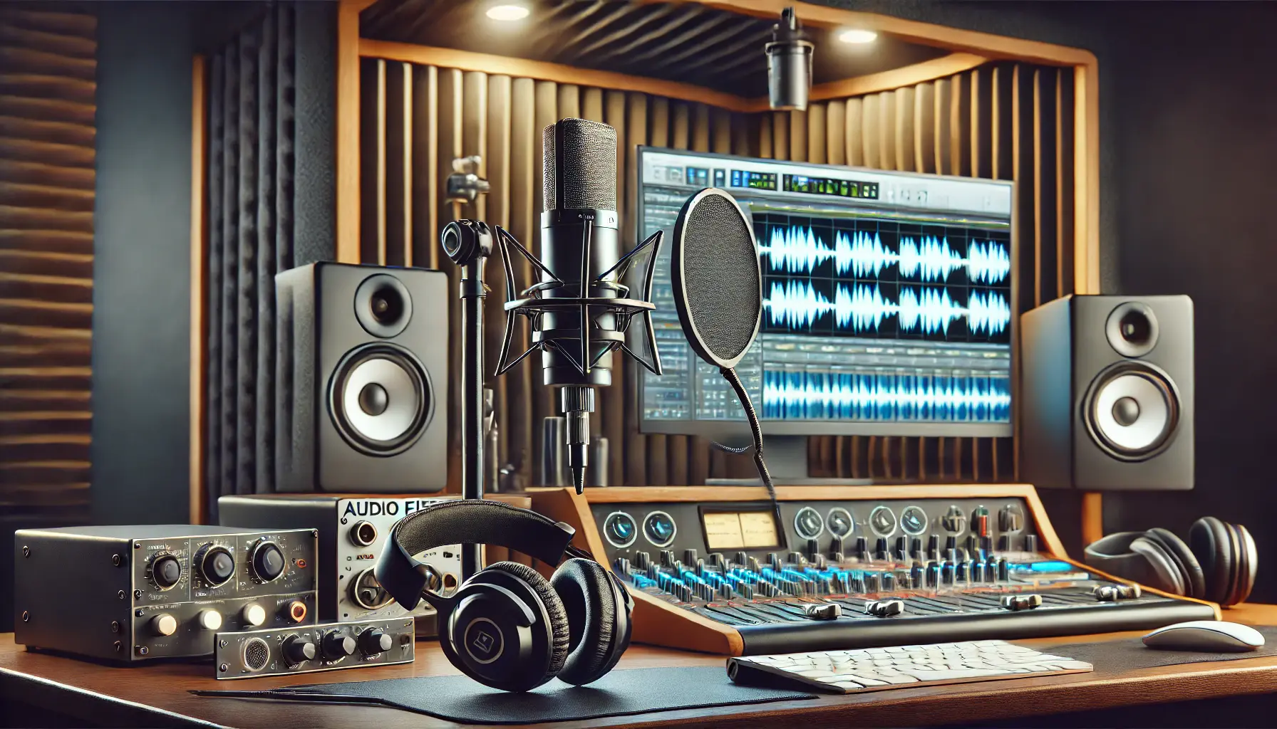 A professional voiceover studio with a high-end microphone, headphones, and audio editing software on a computer screen.