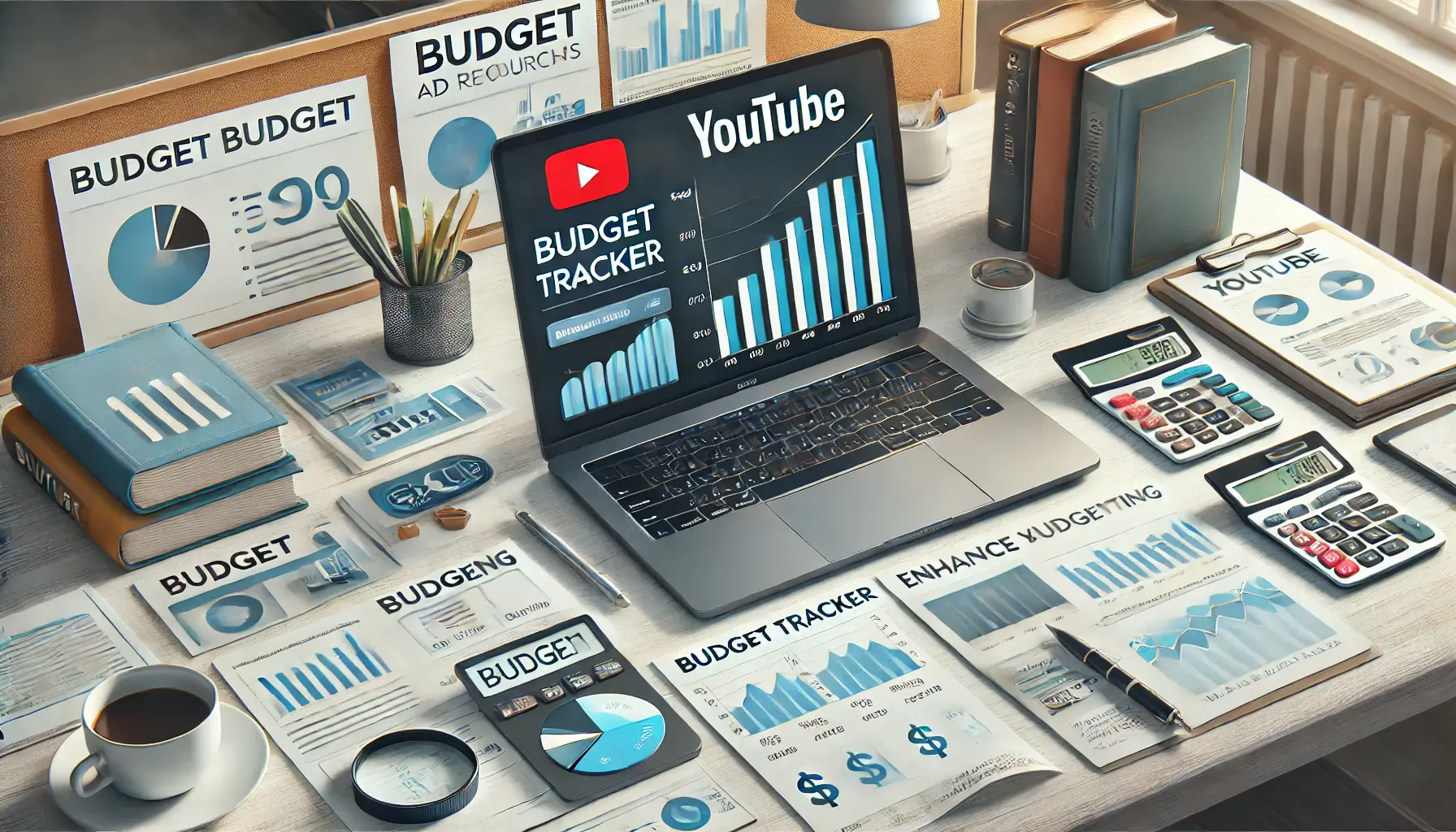 A workspace with a laptop displaying a financial tool for budget management, books, charts, documents, a smartphone, a calculator, and a cup of coffee, symbolizing tools and resources for enhancing budgeting in YouTube ads.