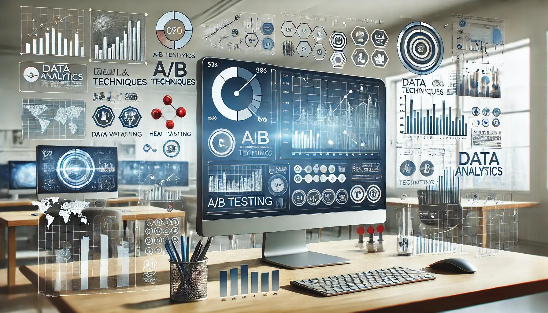 A digital concept showing an analytics dashboard with graphs, pie charts, and data visualization tools, symbolizing data-driven decision making.