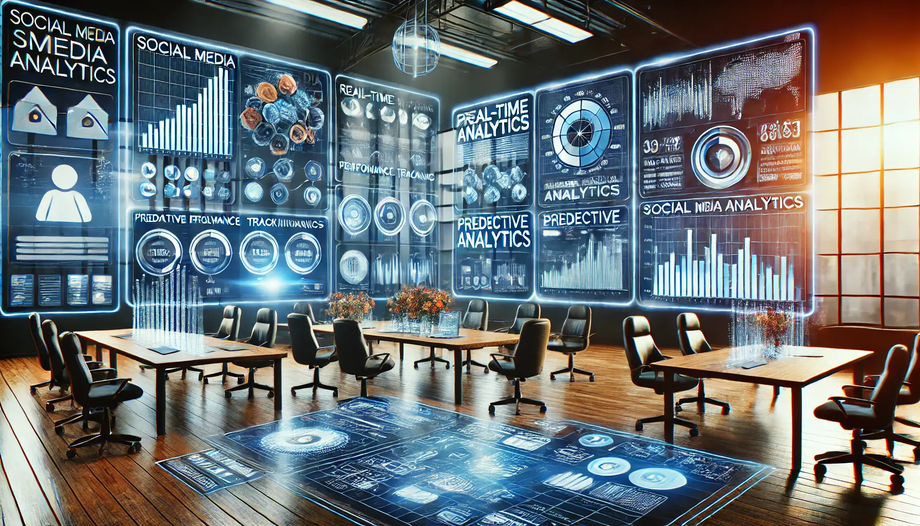 A high-tech digital workspace displaying tools and techniques for social media analytics, featuring real-time performance tracking, predictive analytics, and audience behavior analysis tools on digital screens.