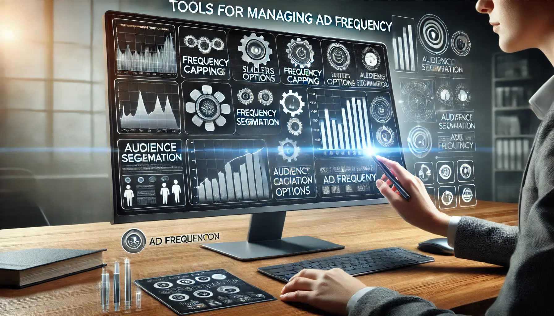 A marketer using a touchscreen monitor displaying tools for managing ad frequency, such as frequency capping options, audience segmentation, and campaign analytics.