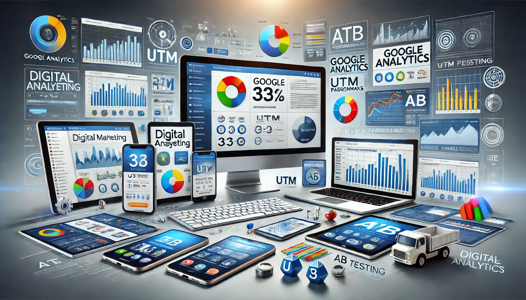 An illustration showing digital devices with analytics tools, charts, and dashboards for measuring success in digital marketing campaigns.