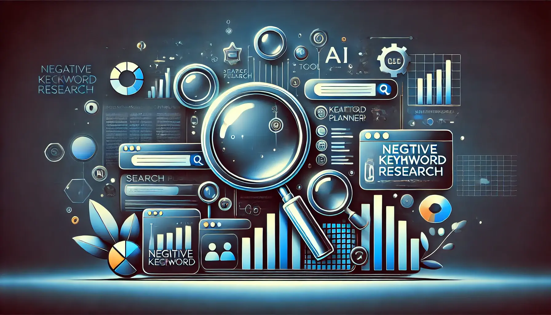 Abstract representation of tools and techniques for negative keyword research, featuring icons like magnifying glasses, keyword planners, and data graphs.