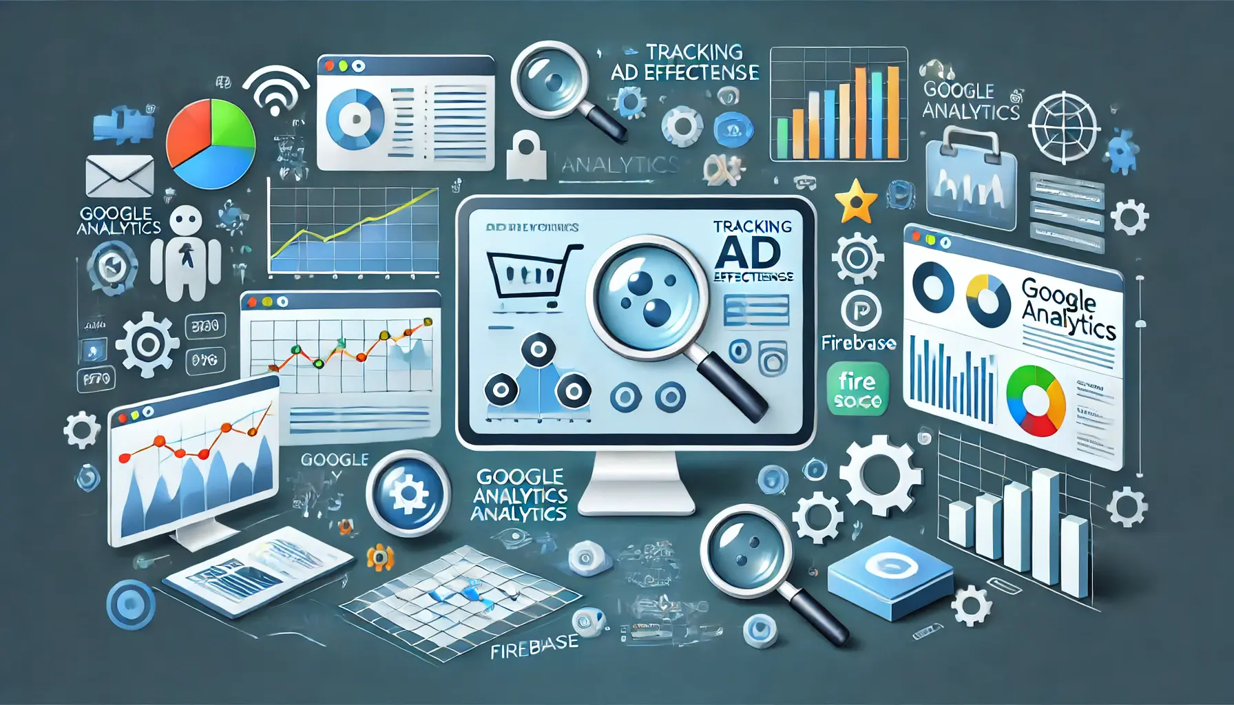 A digital marketing scene showing a dashboard with analytics tools like charts, graphs, and tracking icons representing ad effectiveness tracking.