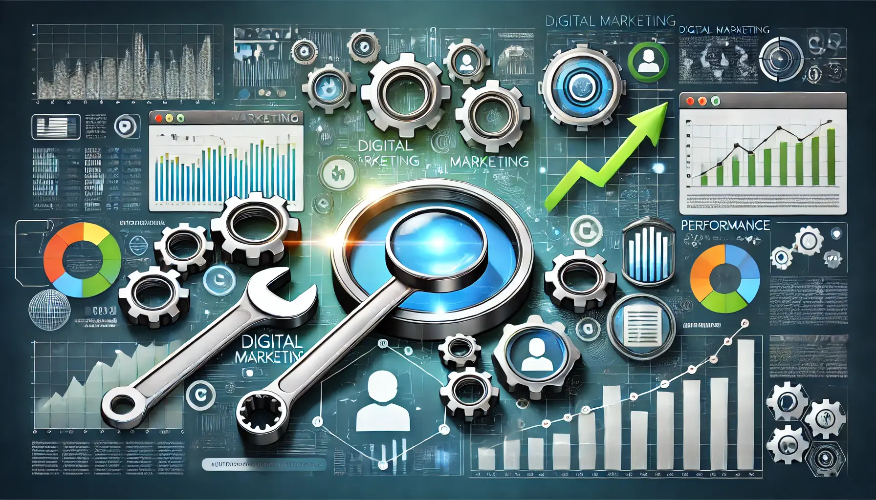 A digital marketing scene featuring tools like a wrench, gears, and analytics dashboards with graphs, symbolizing optimization and performance enhancement.