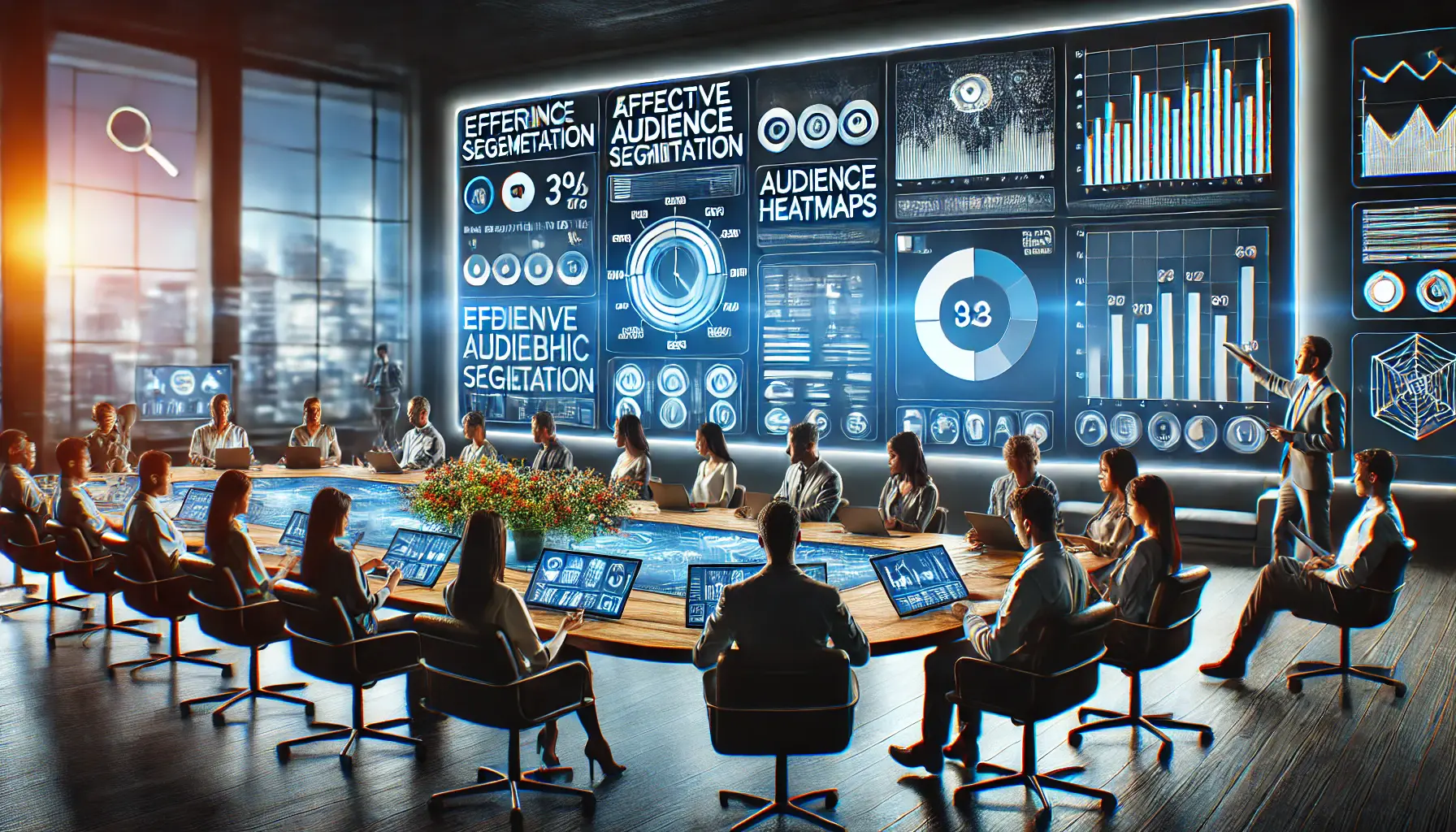 Marketers using advanced analytics software and dashboards displaying audience heatmaps and demographic data in a modern office.